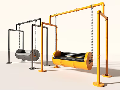 Colorful Metal Playground Equipment Swings With Yellow And Gray Barrel Shaped Seats And Chain Hangers 3d model