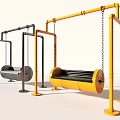 Colorful Metal Playground Equipment Swings With Yellow And Gray Barrel Shaped Seats And Chain Hangers