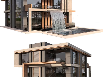 Modern Detached Villa With Large Glass Windows Waterfall Feature And Swimming Pool 3d model