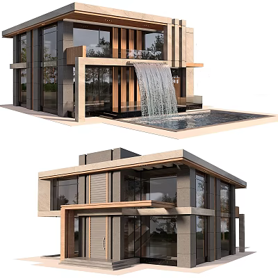 Modern Detached Villa With Large Glass Windows Waterfall Feature And Swimming Pool 3d model