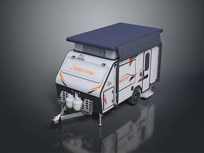 Expedition White Camper Trailer With Dark Blue Roof Orange Accents And Gas Cylinders 3d model