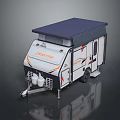 Expedition White Camper Trailer With Dark Blue Roof Orange Accents And Gas Cylinders