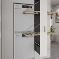 Modern Laundry Room Interior Featuring Washing Machine Dryer And Wooden Shelves