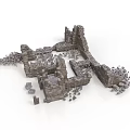 Ancient Ruined Stone Wall Structure With Scattered Building Components And Debris 3d model