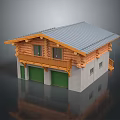Rustic Log House Architecture Featuring Gray Sloped Roof Green Garage Doors And Wooden Balcony