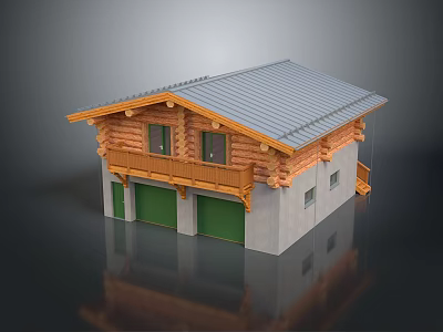 Rustic Log House Architecture Featuring Gray Sloped Roof Green Garage Doors And Wooden Balcony 3d model