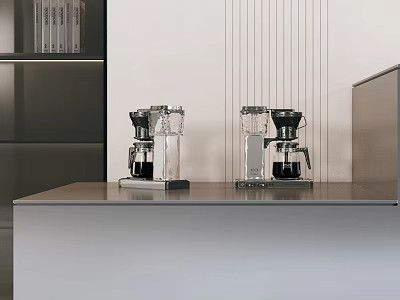 Modern Kitchen Countertop With Two Coffee Machines Gray Surface Vertical Line Decorations And Black Bookshelf 3d model