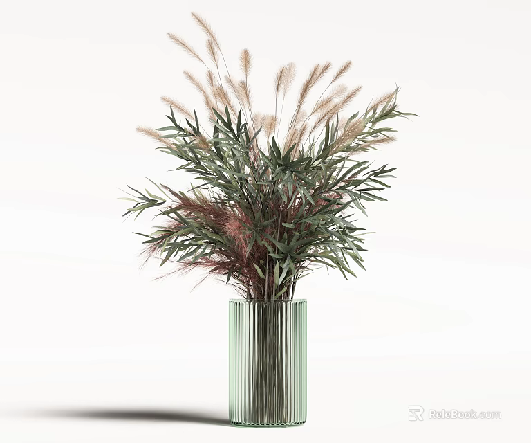 Green Striped Glass Vase With Fresh Flowers Green Leaves And Pinkish Spikes 3d model 