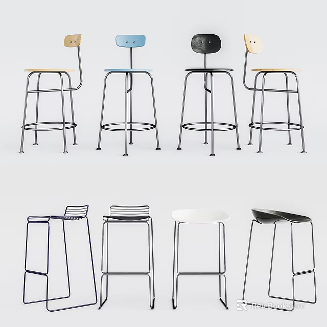 Modern Ergonomic Bar Stools With Metal Frame Colorful Seats For Kitchen Island And Home Bar 3d model 