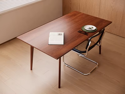Modern Minimalist Wooden Dining Table Set With Metal Frame Chair Book And Plate 3d model
