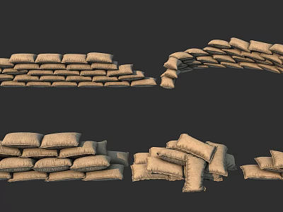 Sandbags Arranged In Stacked Piles And Curved Heaps As Construction Components 3d model