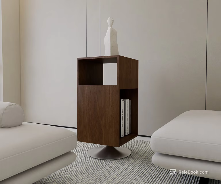 Modern Walnut Side Table with Open Shelf Storage and White Sculpture in Contemporary Living Room Near White Sofas 3d model 