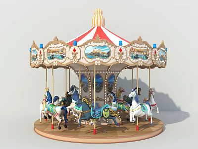 Colorful Carousel Amusement Ride With Decorative Horses And Red White Striped Canopy 3d model