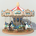 Colorful Carousel Amusement Ride With Decorative Horses And Red White Striped Canopy