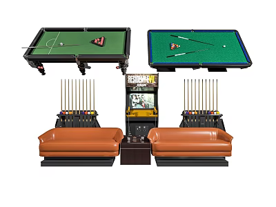 Game Room With Pool Tables Arcade Machine And Comfortable Brown Sofas 3d model