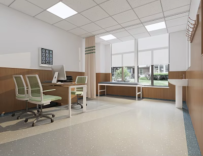 Hospital Outpatient Clinic Interior With Desk Computer Green Chairs Windows Medical Chart And Sink 3d model