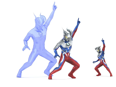 Dynamic Ultraman Characters In Different Sizes Posing With Raised Arms 3d model