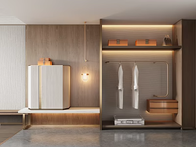 Hotel Guest Room Interior With Wooden Wall Wardrobe Hanging Clothes And Storage Shelves 3d model