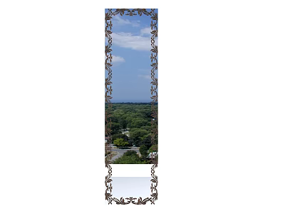 Ornate Mirror With Decorative Frame Reflects Scenic Outdoor Green Trees And Blue Sky 3d model