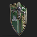 Medieval Green Shield With Golden Decorative Patterns Dragon Emblem Castle Design And Metallic Center