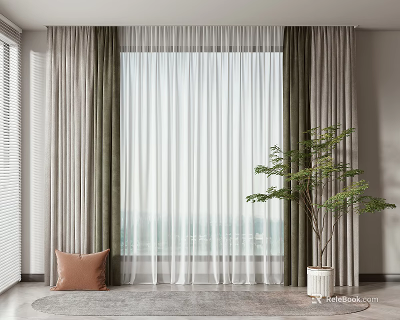 Gray and White Sheer Curtains with Drapes in Modern Living Room Interior with Potted Plant 3d model 