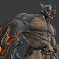 Fierce Wolf Headed Monster With Muscular Body Shield Fiery Patterns Ripped Armor And Powerful Limbs