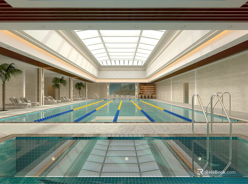 Bright Indoor Swimming Pool Interior With Skylight Ceiling Lane Lines Lounge Chairs And Palm Trees 3d model 
