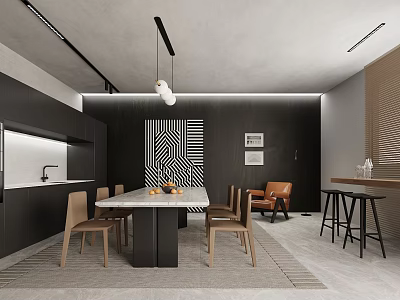 Modern Restaurant Interior Design Featuring Dark Walls Dining Table Chairs And Bar Area 3d model