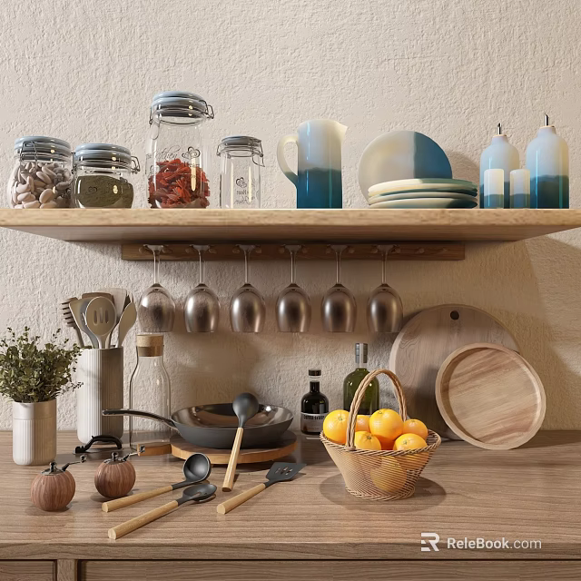 Organized Kitchen Interior With Shelf Jars Wine Glasses Utensils Oranges And Wooden Cutting Boards 3d model 