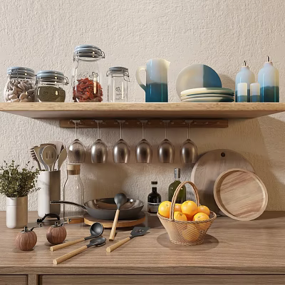 Organized Kitchen Interior With Shelf Jars Wine Glasses Utensils Oranges And Wooden Cutting Boards 3d model