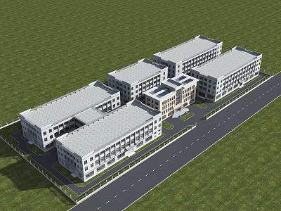 Modern Industrial Factory Building Complex With White Exteriors Green Grassland And Road 3d model