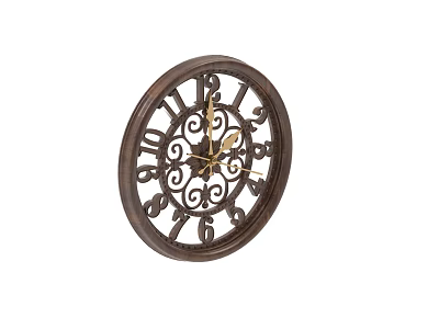 Vintage Round Wooden Wall Clock With Intricate Carvings Arabic Numerals And Gold Pointers 3d model