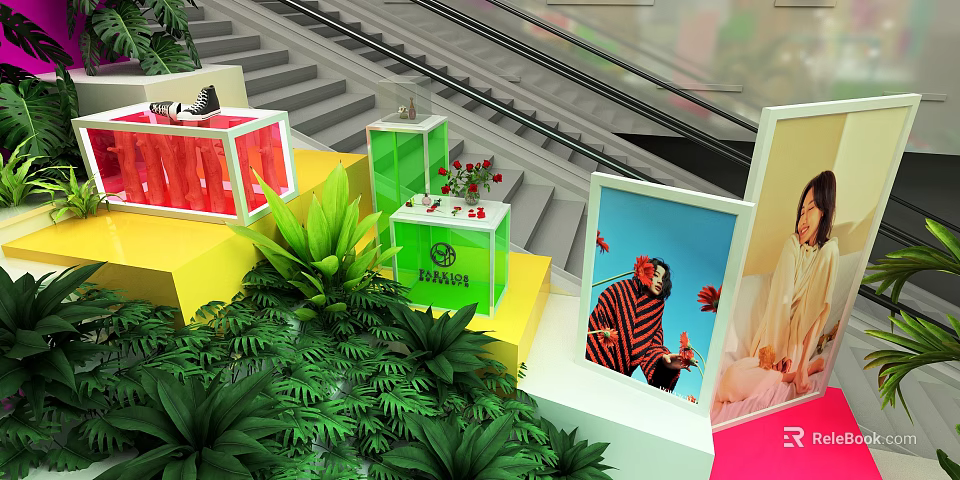Colorful Display Cubes With Green Plants MAYA Sign And Photo Display In Exhibition 3d model 