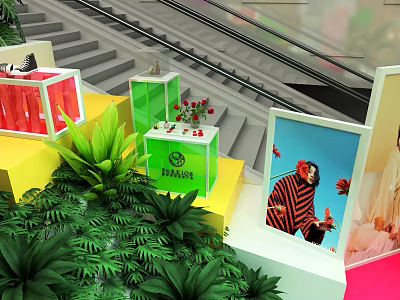 Colorful Display Cubes With Green Plants MAYA Sign And Photo Display In Exhibition 3d model