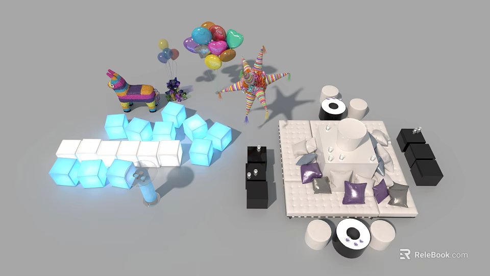 Modern Sofa Coffee Table Combination With Purple Cushions And Round Side Tables 3d model