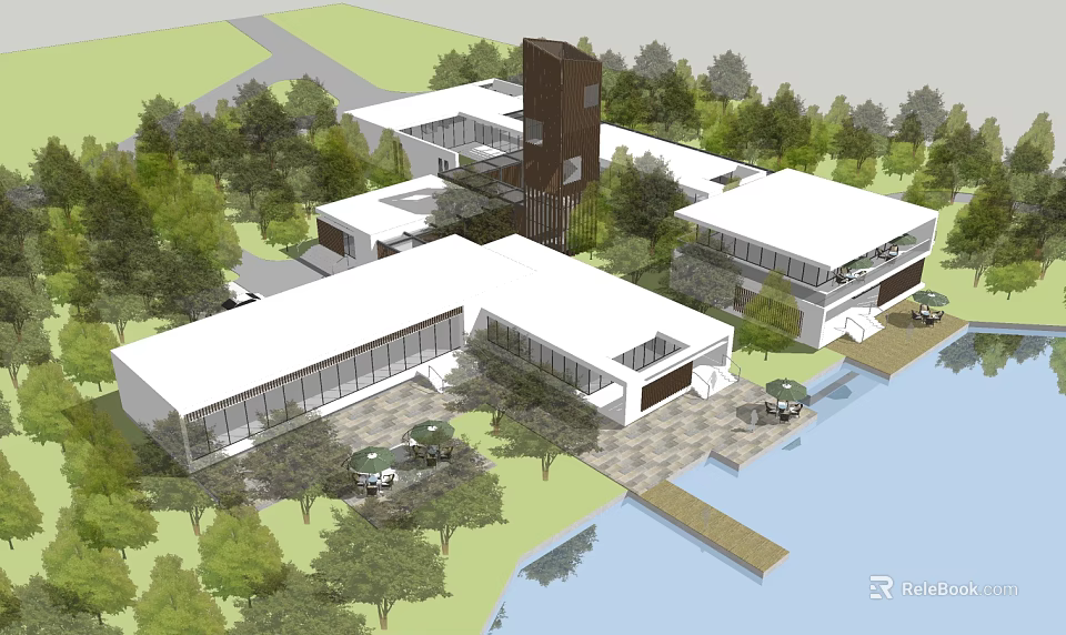 Modern Lakefront Architecture Design With Multiple Buildings Open Spaces And Greenery Trees 3d model