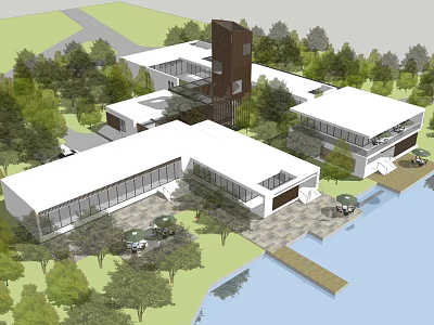 Modern Lakefront Architecture Design With Multiple Buildings Open Spaces And Greenery Trees 3d model