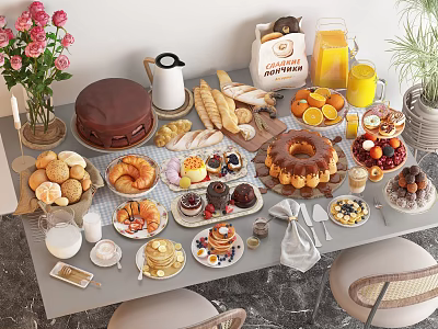 Assorted Delicious Food Spread On Table With Chocolate Cake Croissants Donut Fruits Pancakes And Pastries 3d model