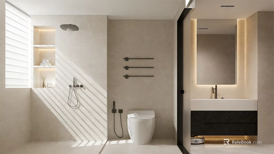 Modern Bathroom With Toilet Shower Area Towel Racks Backlit Mirror And Light Walls 3d model 