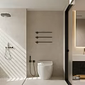 Modern Bathroom With Toilet Shower Area Towel Racks Backlit Mirror And Light Walls