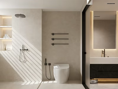 Modern Bathroom With Toilet Shower Area Towel Racks Backlit Mirror And Light Walls 3d model