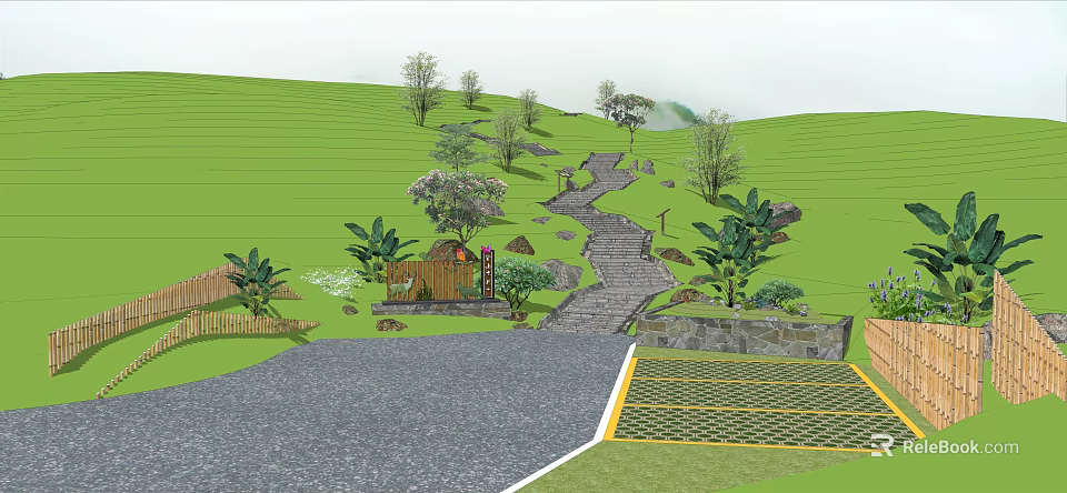 Scenic Hillside Staircase Path With Stone Paving Trees And Wooden Cabin In Lush Green Landscape 3d model 