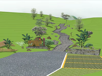 Scenic Hillside Staircase Path With Stone Paving Trees And Wooden Cabin In Lush Green Landscape 3d model