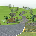 Scenic Hillside Staircase Path With Stone Paving Trees And Wooden Cabin In Lush Green Landscape
