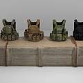 Tactical Military Vests In Four Colors Placed On Wooden Crate