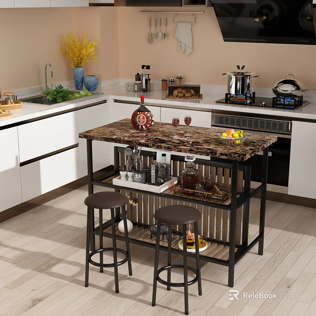 Modern Restaurant Kitchen Interior Design With White Cabinets Marble Island Fruits And Stools 3d model 