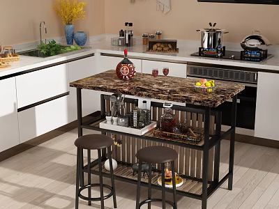 Modern Restaurant Kitchen Interior Design With White Cabinets Marble Island Fruits And Stools 3d model