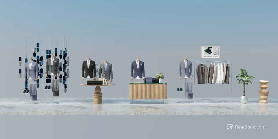 Elegant Male Fashion Models Showcasing Business Suits In Modern Clothing Store Display With Accessories 3d model 
