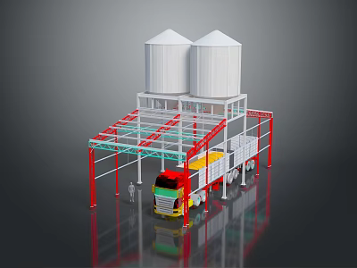 Truck Parked Under Metal Framework With Two White Silos In Industrial Area 3d model