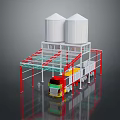 Truck Parked Under Metal Framework With Two White Silos In Industrial Area